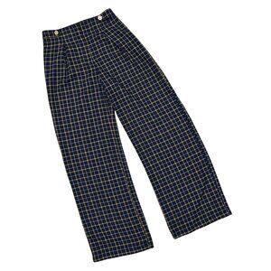 Miss Selfridge Women's Navy Blue Plaid Work Pants with Yellow and White Stripes